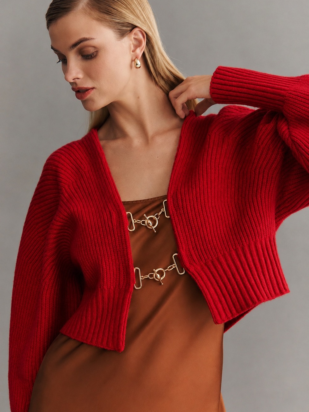 Anthropologie Red Ribbed V‑Neck Cropped Cardigan